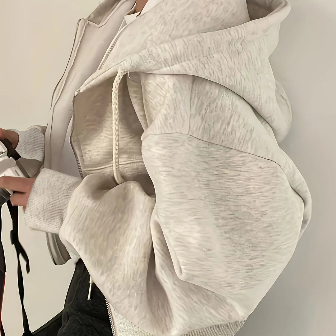 Women's comfy zip-up winter hoodie with drop shoulder sleeves in Light Grey Melange