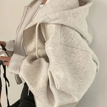 Women's comfy zip-up winter hoodie with drop shoulder sleeves in Light Grey Melange