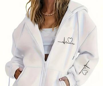 Women's comfy zip-up print winter hoodie with zip-up closure in White