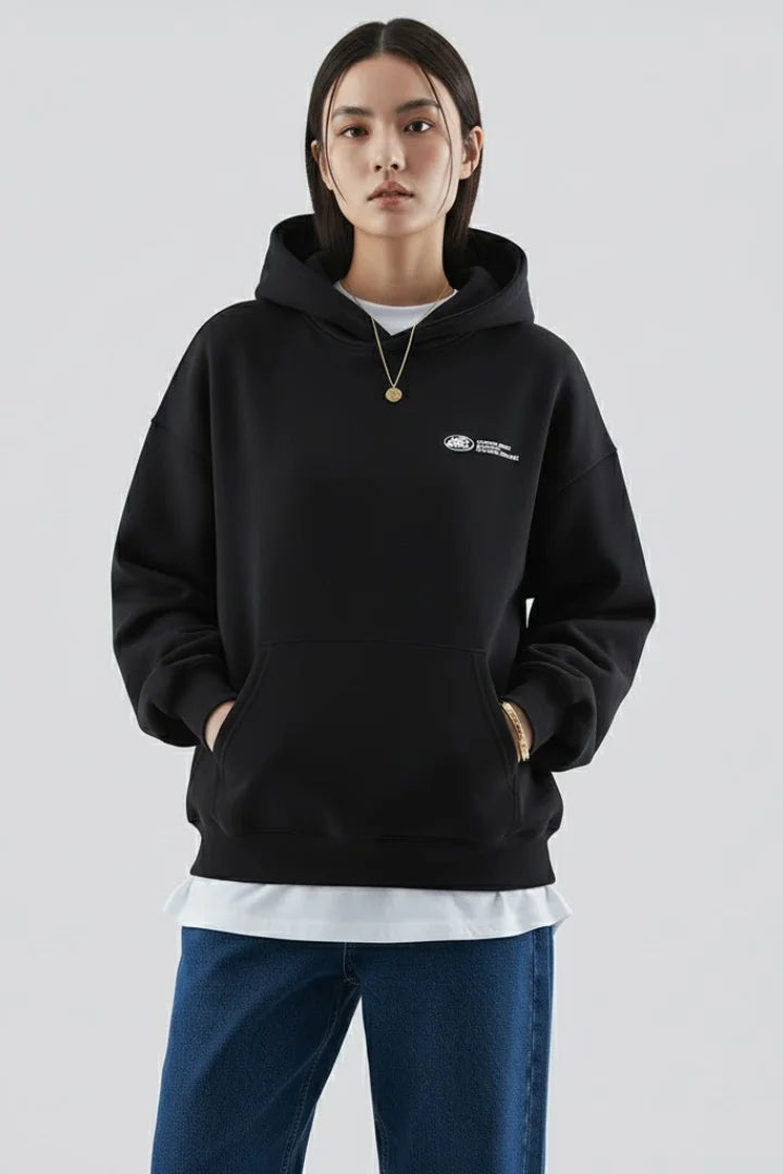 Women’s Hoodie with Front Print and Pullover Design - Black