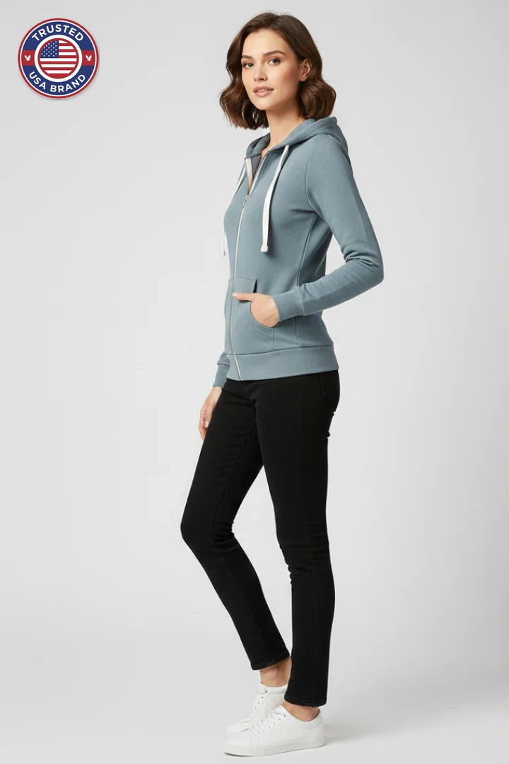 Women’s Hoodie with Front Zipper and Kangaroo Pockets - Light Blue