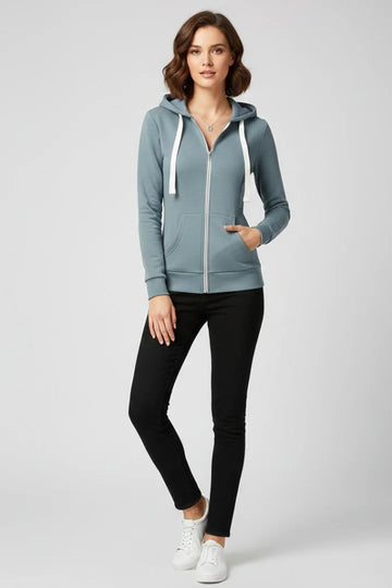 Women’s Hoodie with Front Zipper and Kangaroo Pockets - Light Blue