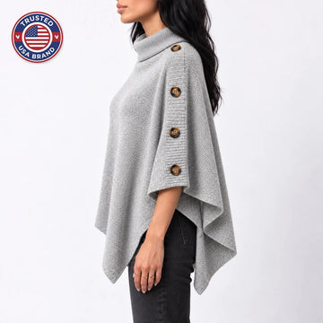 Women’s knitted turtleneck winter poncho with buttons and asymmetric hem