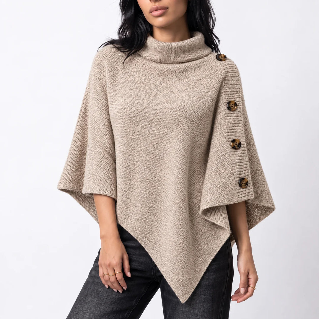 Women’s knitted turtleneck winter poncho with buttons and asymmetric hem in Beige