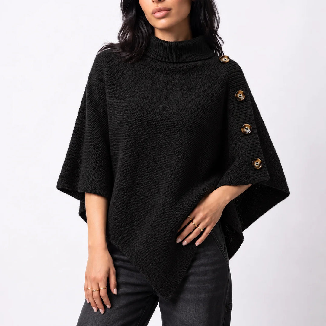Women’s knitted turtleneck winter poncho with buttons and asymmetric hem in Black