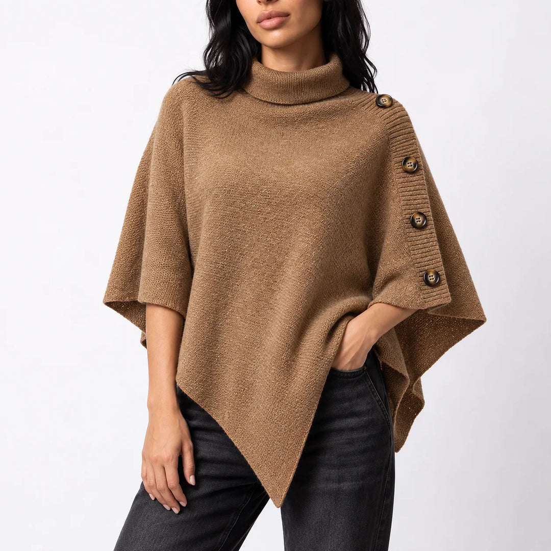 Women’s knitted turtleneck winter poncho with buttons and asymmetric hem in Brown