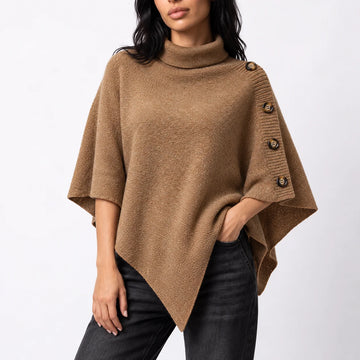 Women’s knitted turtleneck winter poncho with buttons and asymmetric hem in Brown