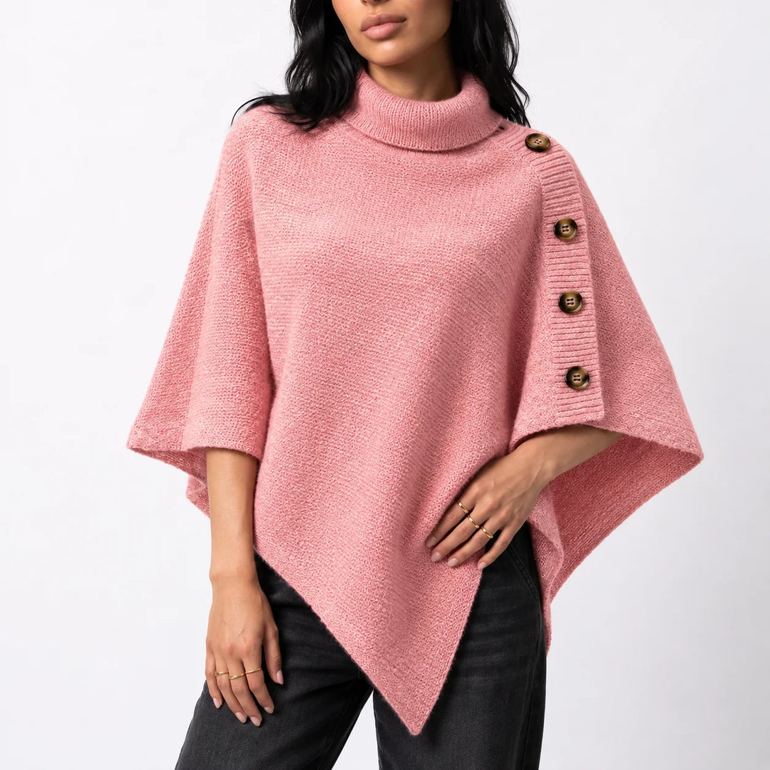 Women’s knitted turtleneck winter poncho with buttons and asymmetric hem in Pink