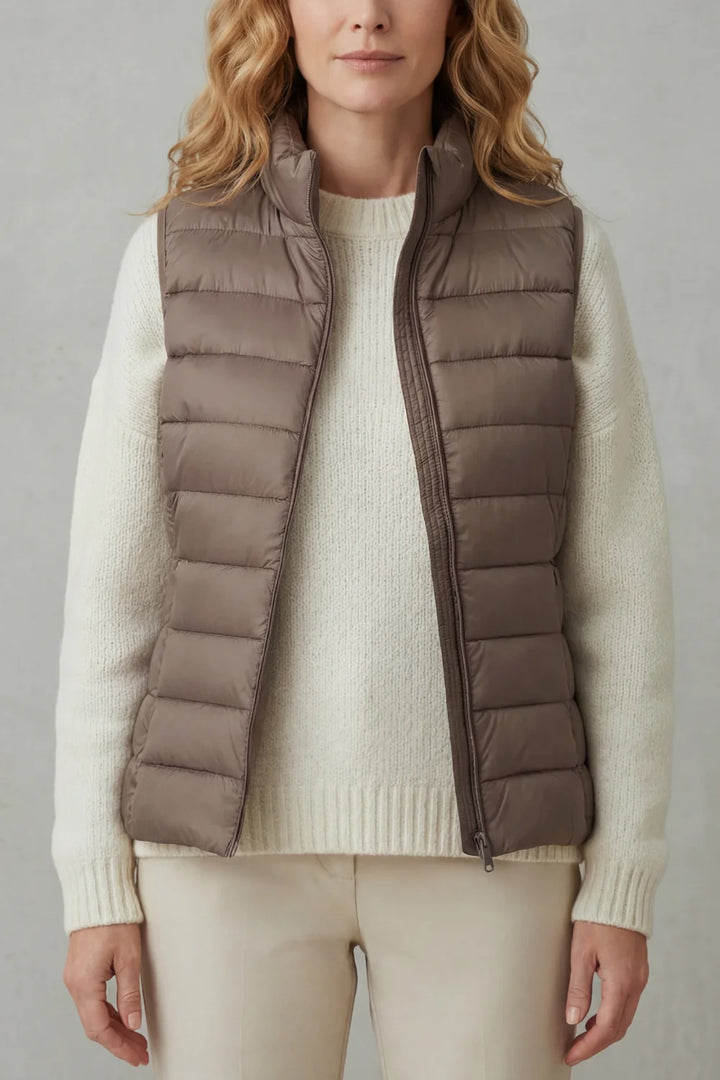 Women's puffer jacket style lightweight layering winter vest in Khaki