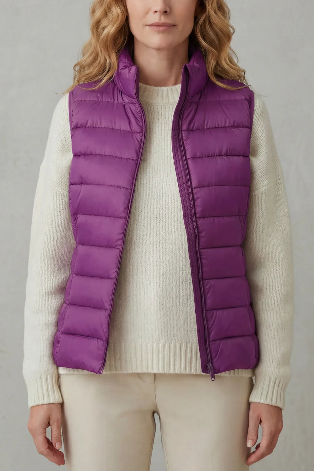 Women's puffer jacket style lightweight layering winter vest in Purple