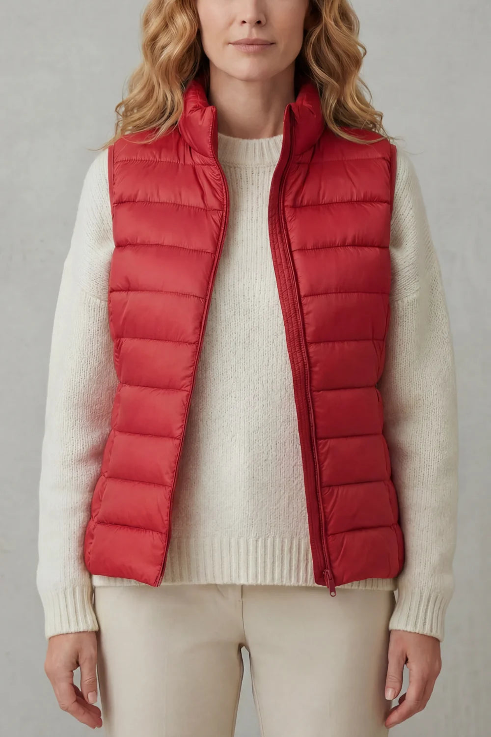 Women's puffer jacket style lightweight layering winter vest in Red