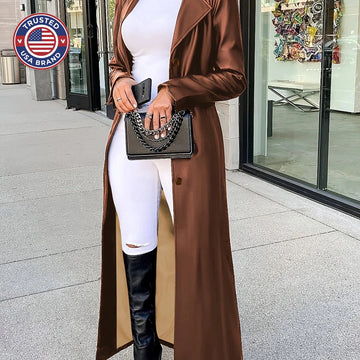 Women's long lapel winter trench coat in Burgundy