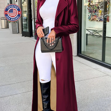 Women's long lapel winter trench coat in Burgundy