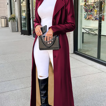 Women's long lapel winter trench coat in Burgundy