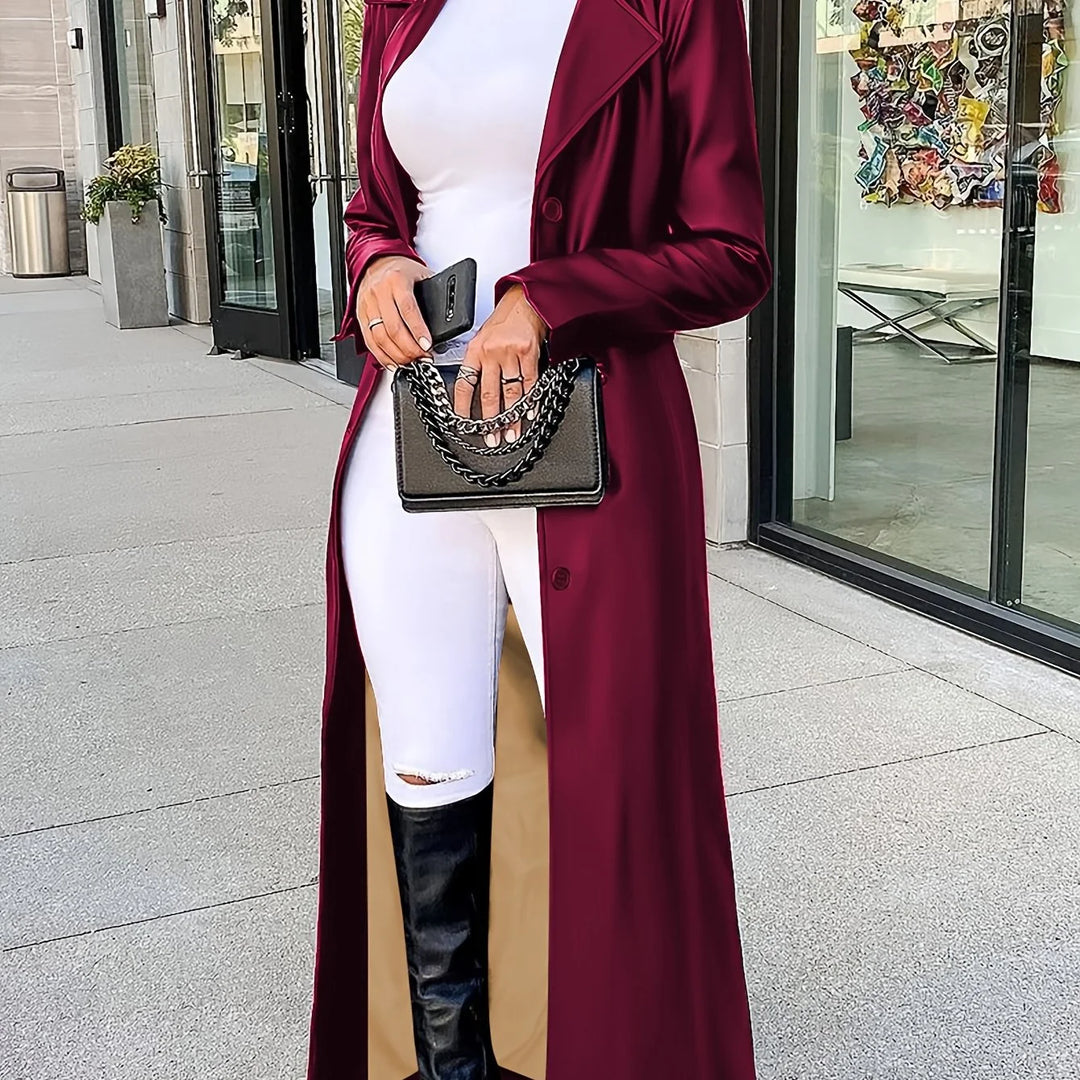 Women's long lapel winter trench coat in Burgundy