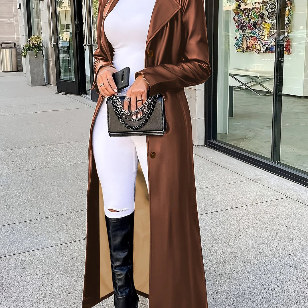 Women's long lapel winter trench coat in Khaki