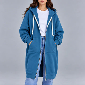 Women's oversized zip-up winter long coat hoodie in Blue