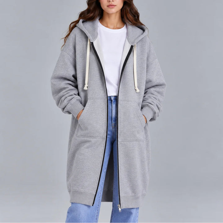 Women's oversized zip-up winter long coat hoodie in Gray