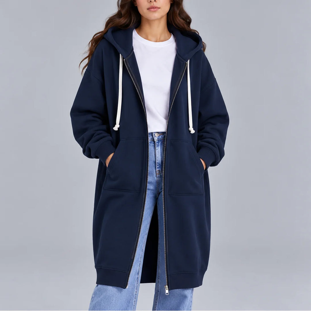 Women's oversized zip-up winter long coat hoodie in Navy