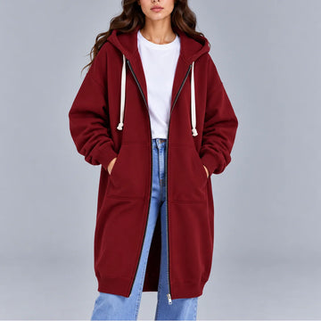 Women's oversized zip-up winter long coat hoodie in Red