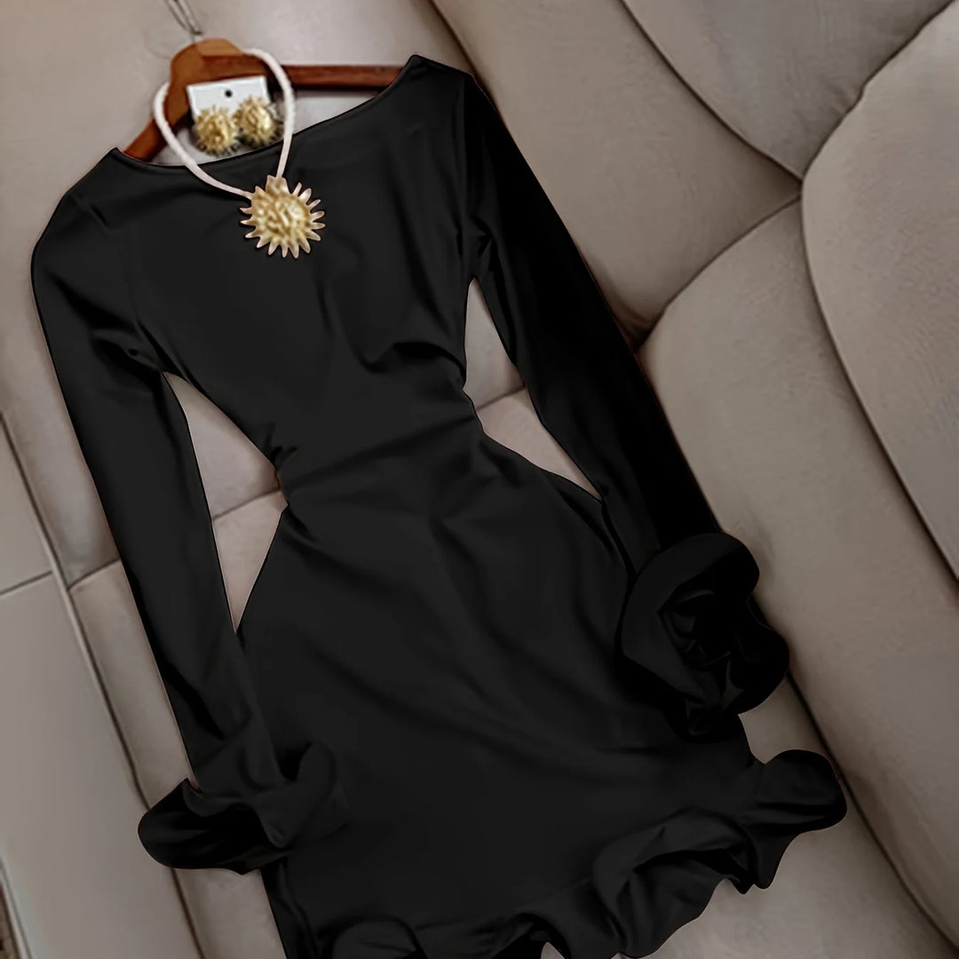 Women's long-sleeve winter mini party dress in Black