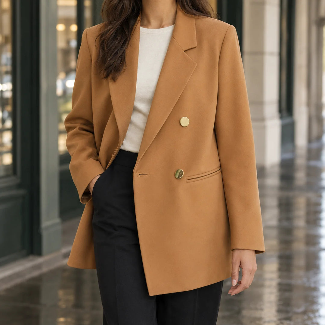 Women's longline winter tailored blazer with gold-tone buttons in Camel