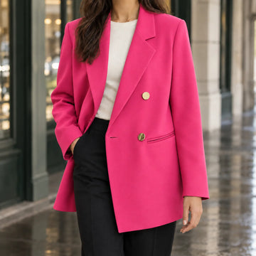 Women's longline winter tailored blazer with gold-tone buttons in Pink