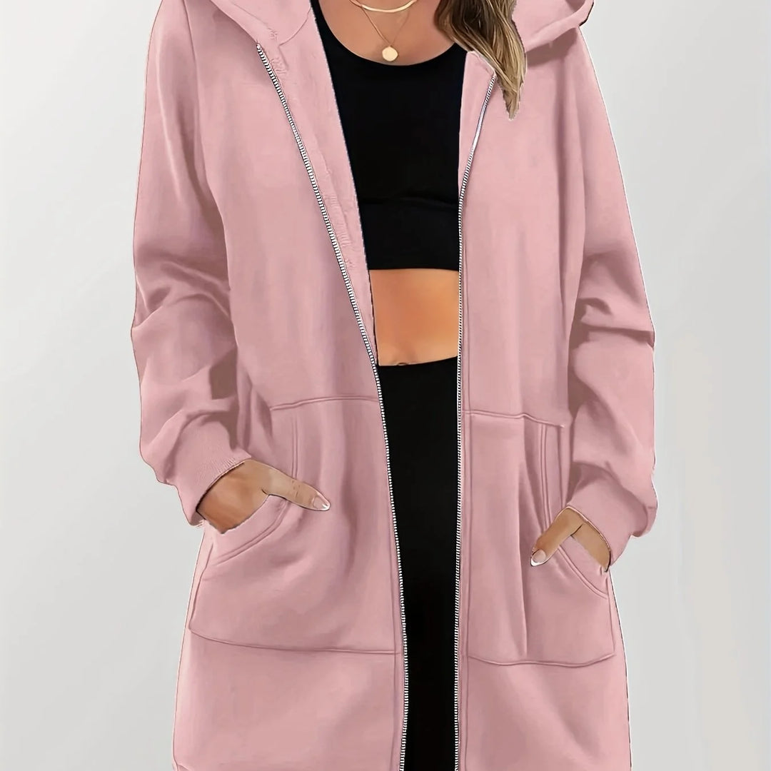 Women's comfy longline zip-up winter hoodie in Dark Pink