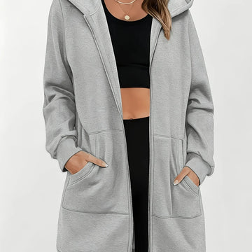 Women's comfy longline zip-up winter hoodie in Grey
