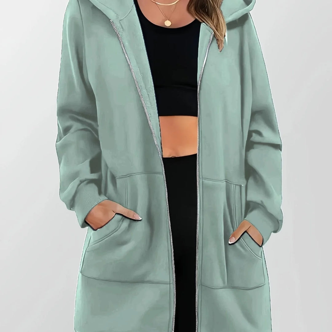Women's comfy longline zip-up winter hoodie in Light Green