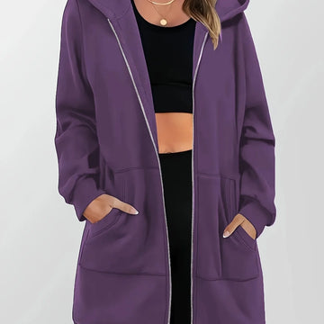 Women's comfy longline zip-up winter hoodie in Purple