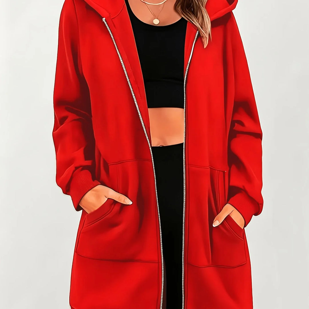 Women's comfy longline zip-up winter hoodie in Red