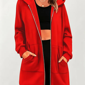 Women's comfy longline zip-up winter hoodie in Red