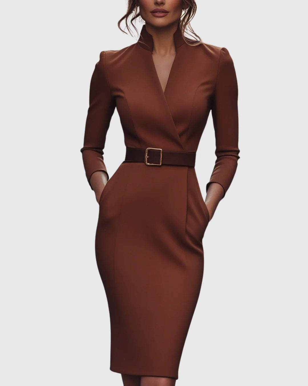 Women's mock wrap winter midi dress with three-quarter sleeves, belted in Brick Red