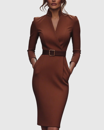 Women's mock wrap winter midi dress with three-quarter sleeves, belted in Brick Red