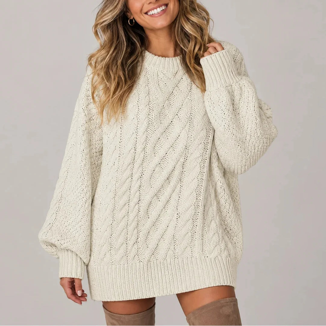 Women's cable knit oversized long sleeve winter sweater dress in Beige