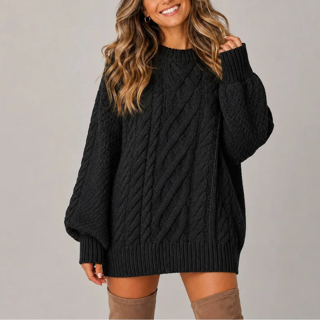 Women's cable knit oversized long sleeve winter sweater dress in Black