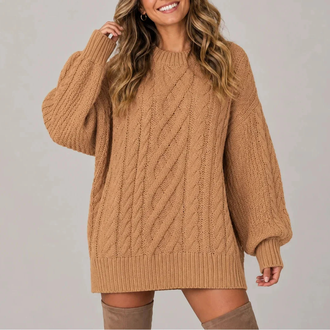 Women's cable knit oversized long sleeve winter sweater dress in Brown