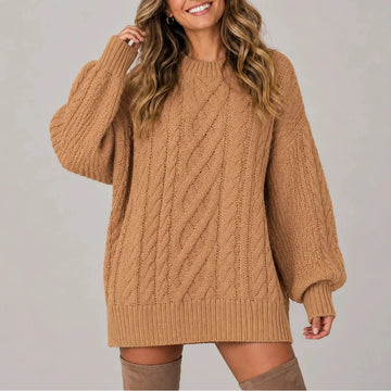 Women's cable knit oversized long sleeve winter sweater dress in Brown