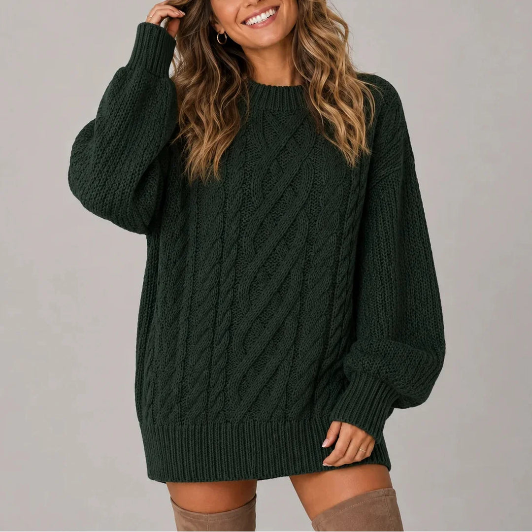 Women's cable knit oversized long sleeve winter sweater dress in Dark green