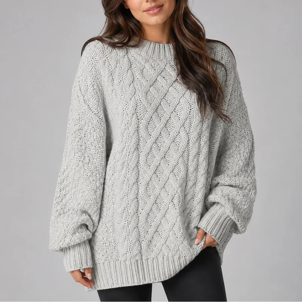 Women's cable knit oversized long sleeve winter sweater dress in Gray