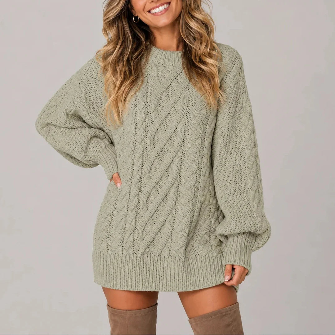 Women's cable knit oversized long sleeve winter sweater dress in Green