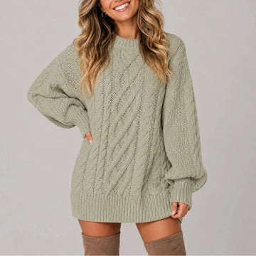 Women's cable knit oversized long sleeve winter sweater dress in Green