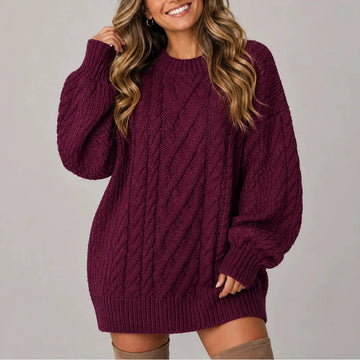 Women's cable knit oversized long sleeve winter sweater dress in Purple