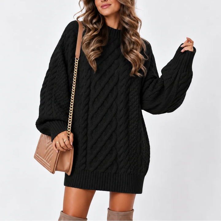 Women's oversized winter cable knit sweater with long sleeves in Black