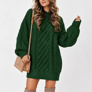 Women's oversized winter cable knit sweater with long sleeves in Green