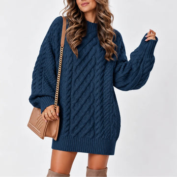 Women's oversized winter cable knit sweater with long sleeves in Navy