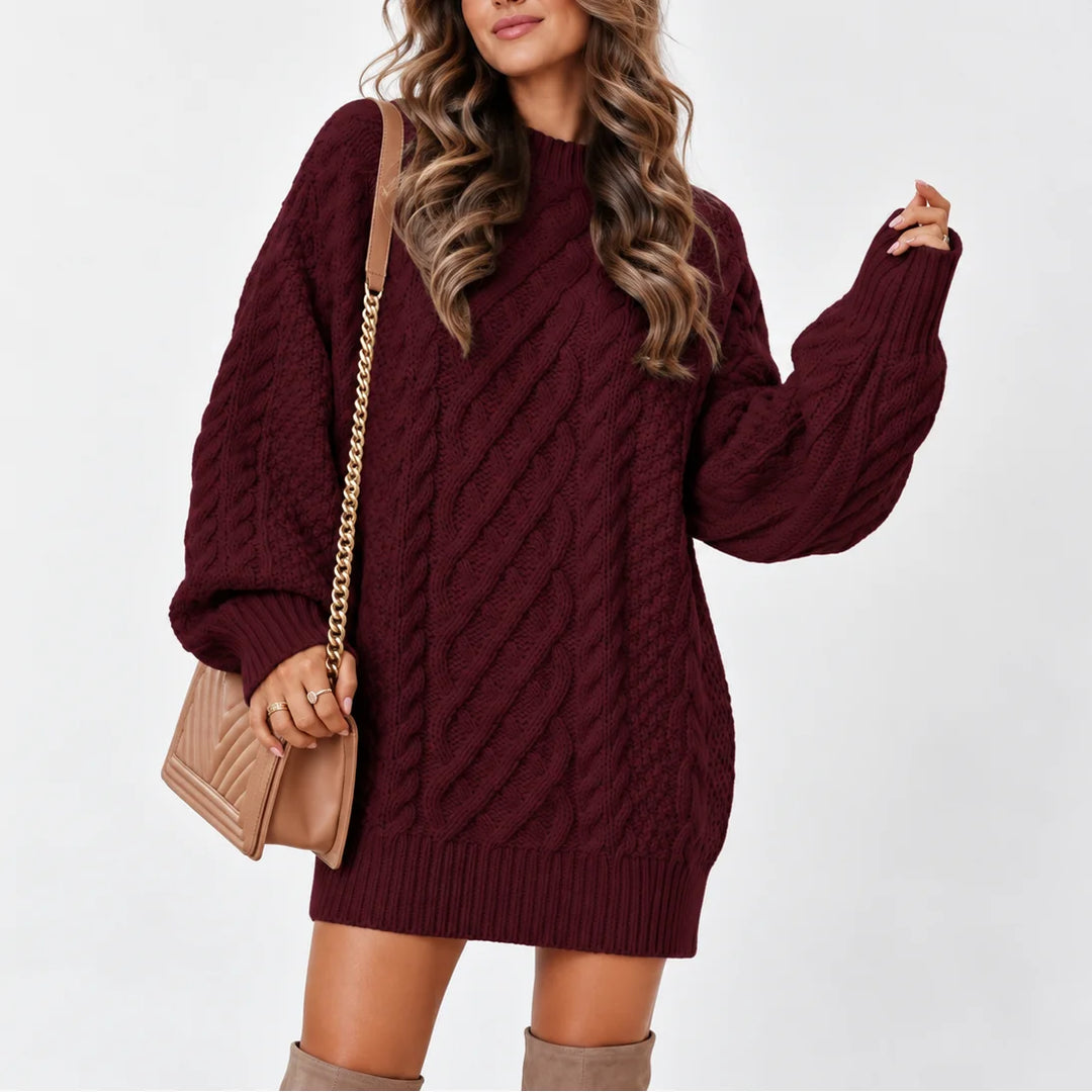 Women's oversized winter cable knit sweater with long sleeves in Red