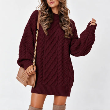 Women's oversized winter cable knit sweater with long sleeves in Red