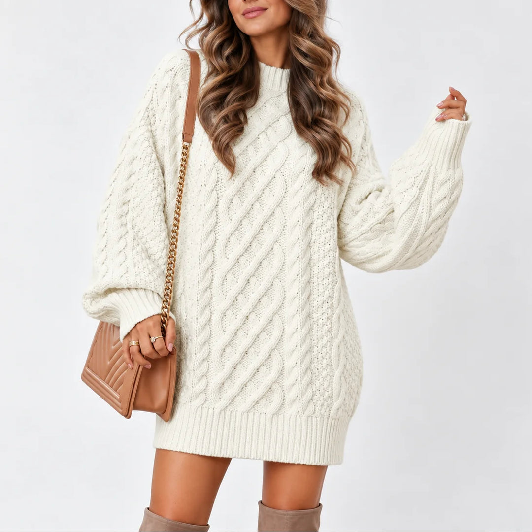 Women's oversized winter cable knit sweater with long sleeves in White